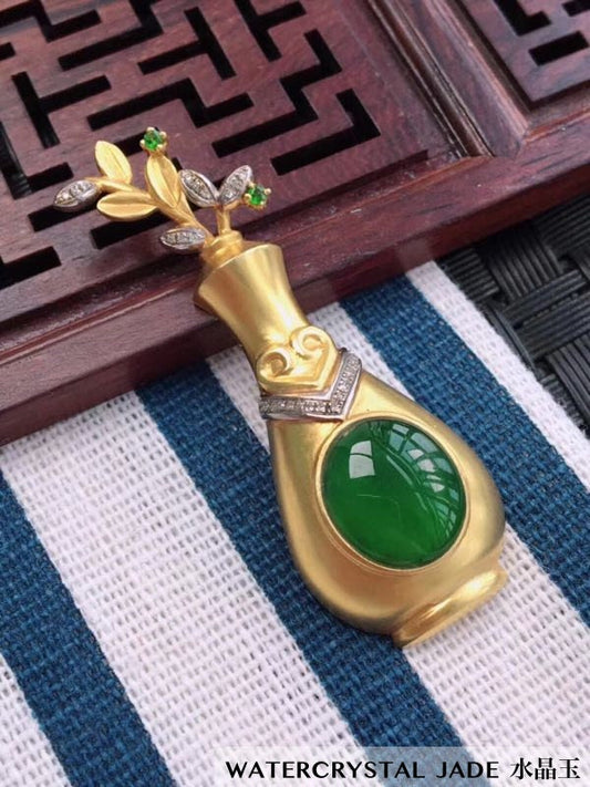 18K Yellow Gold Myanmar Yang Green Flower Vase Jadeite Pendant Unique RARE