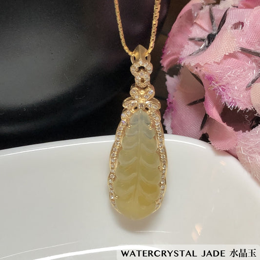 33.5mm GRADE A Yellow Brown Leaf Jadeite Jade Pendant 18K Yellow Gold Diamonds