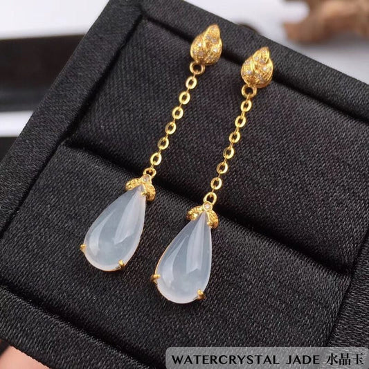 NEW Myanmar GRADE A High Icy Translucent Drop Earrings 18K Yellow Gold Setting