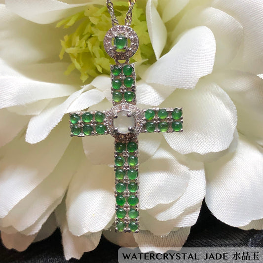 Myanmar GRADE A Mini Cabochon Cross Jadeite Jade Pendant 925 Silver