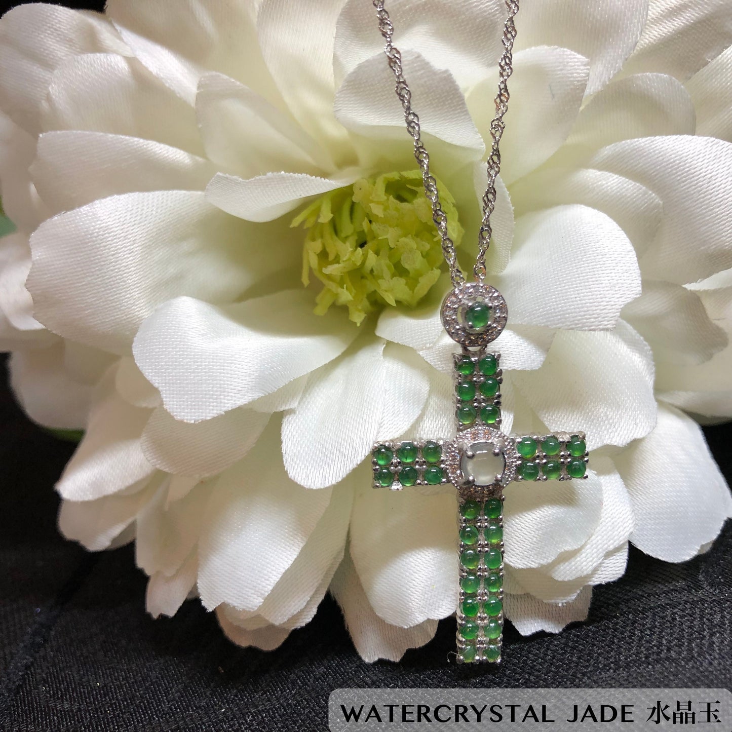 Myanmar GRADE A Mini Cabochon Cross Jadeite Jade Pendant 925 Silver