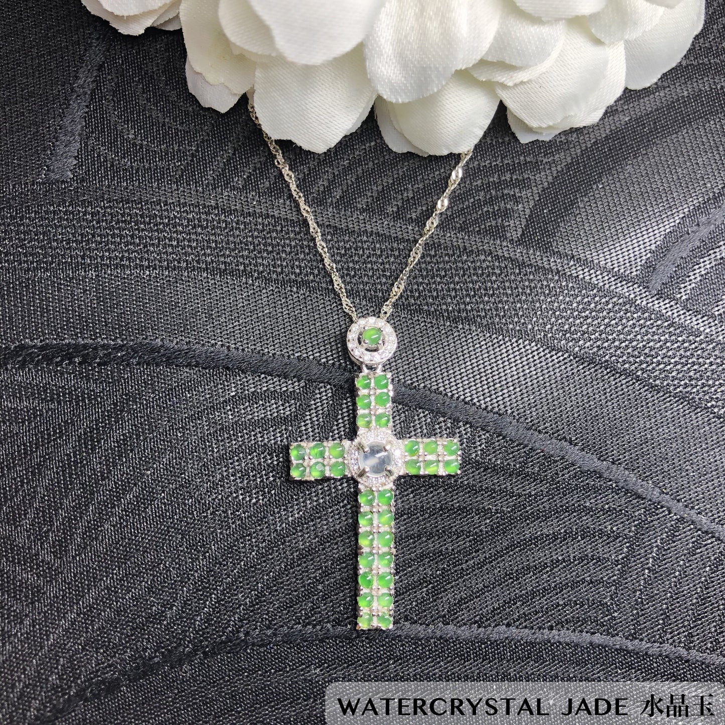 Myanmar GRADE A Mini Cabochon Cross Jadeite Jade Pendant 925 Silver