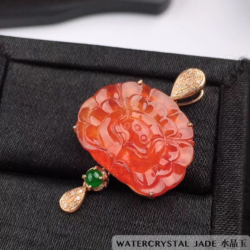 NEW Beautiful Myanmar Grade A Jadeite Red Brown Orange Jade Pendant 18K ONLY ONE