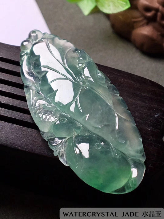 Beautiful Myanmar Grade A Icy Translucent Lotus Flower Fish Pendant 18K