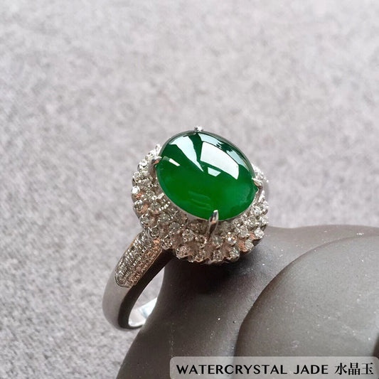 Myanmar Jadeite Jade Imperial Dark Green Cabochon Ring 18K White Gold Diamonds