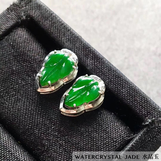 RESERVED: Brand New Myanmar Grade A Jadeite Icy Green BIG LEAF 18K White Gold Earring