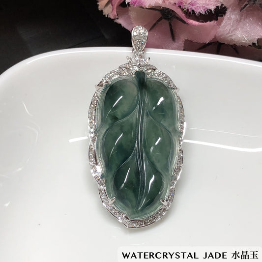 Myanmar GRADE A Blue Green Leaf Jadeite Pendant 18K White Gold Diamonds