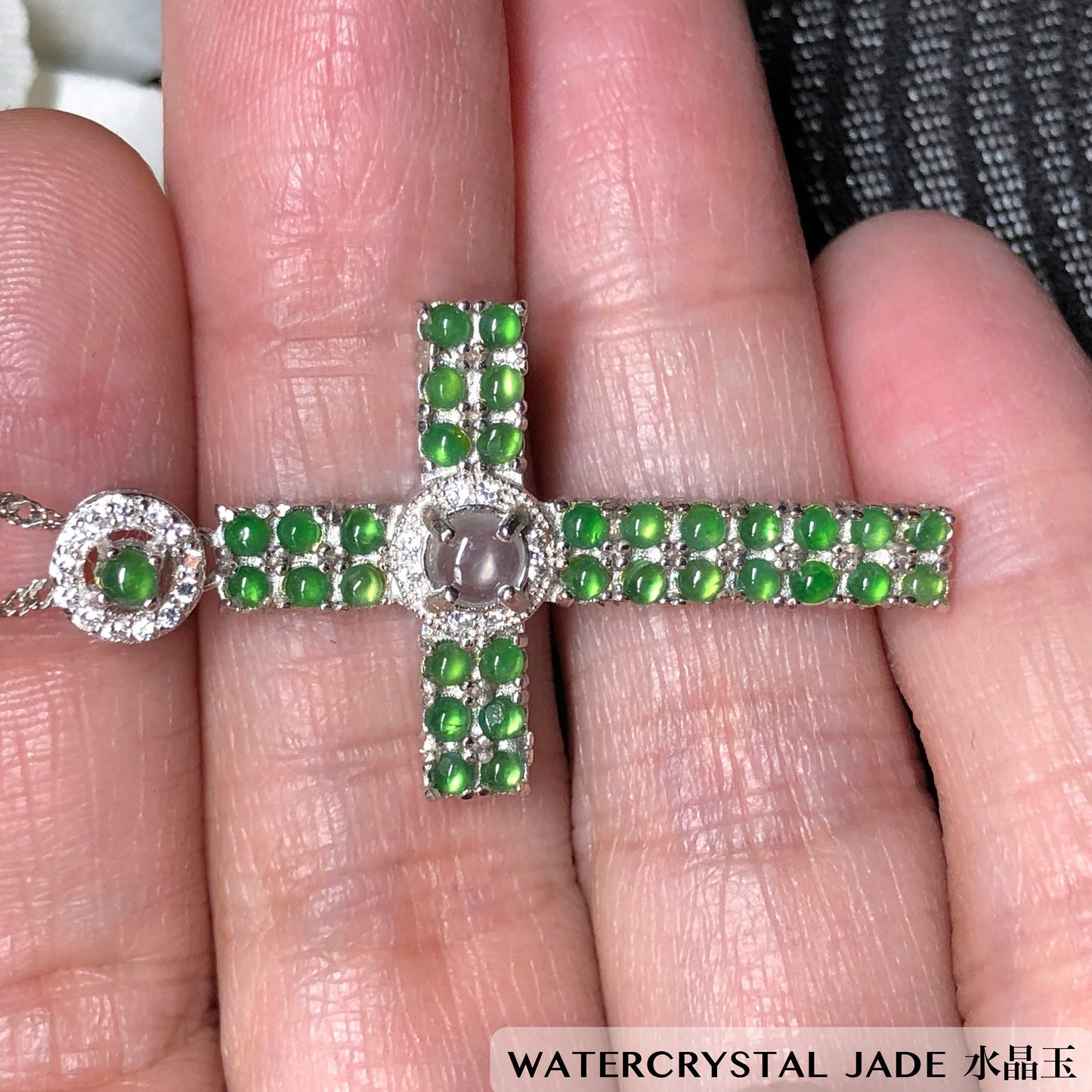 Myanmar GRADE A Mini Cabochon Cross Jadeite Jade Pendant 925 Silver