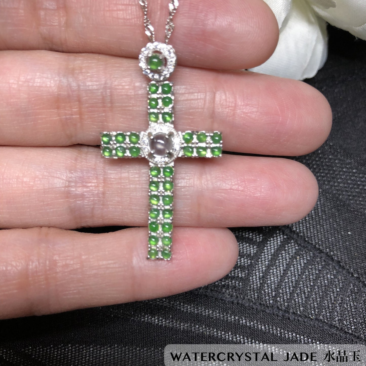 Myanmar GRADE A Mini Cabochon Cross Jadeite Jade Pendant 925 Silver