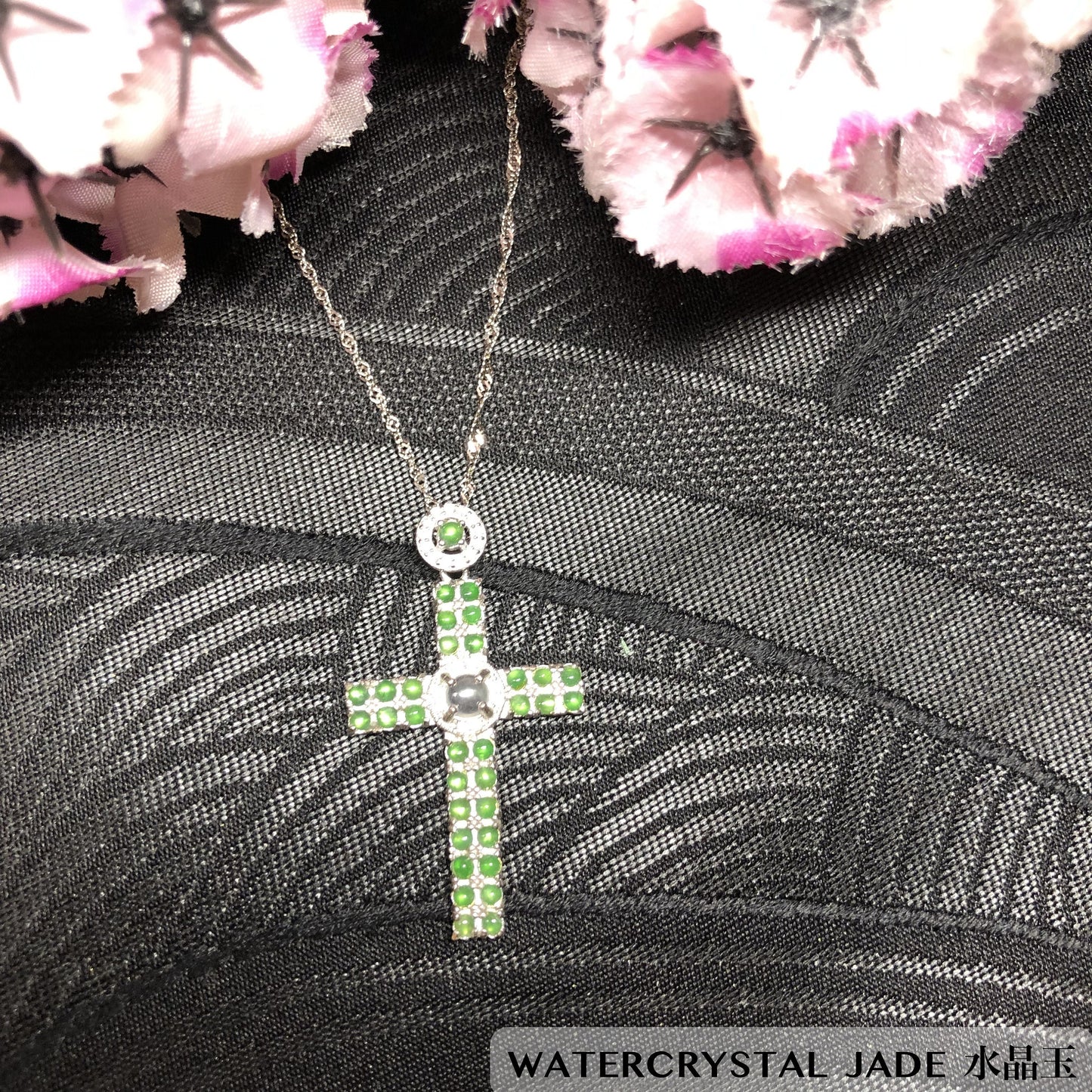 Myanmar GRADE A Mini Cabochon Cross Jadeite Jade Pendant 925 Silver