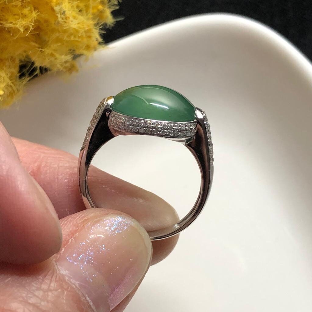 SALE: Grade A Icy Waterlake Green Jade Jadeite Oval Cabochon 18K White Gold Special Ring
