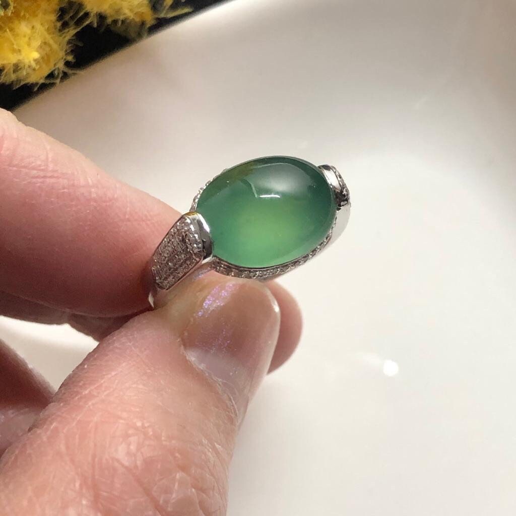 SALE: Grade A Icy Waterlake Green Jade Jadeite Oval Cabochon 18K White Gold Special Ring