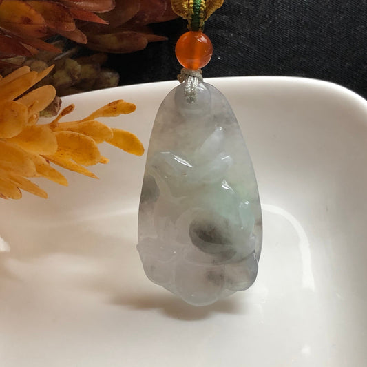 Myanmar Grade A Jadeite Old Jade Light Green Greyish Black Rabbit Bunny Pendant with neck string