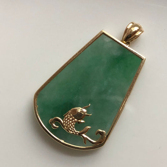18K Yellow Gold Green Jadeite Jade Lucky Gold Fish Pendant