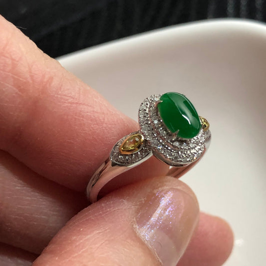 US Size 6 Jadeite Jade Icy Spicy Green Cabochon Ring 18K White Gold Diamonds