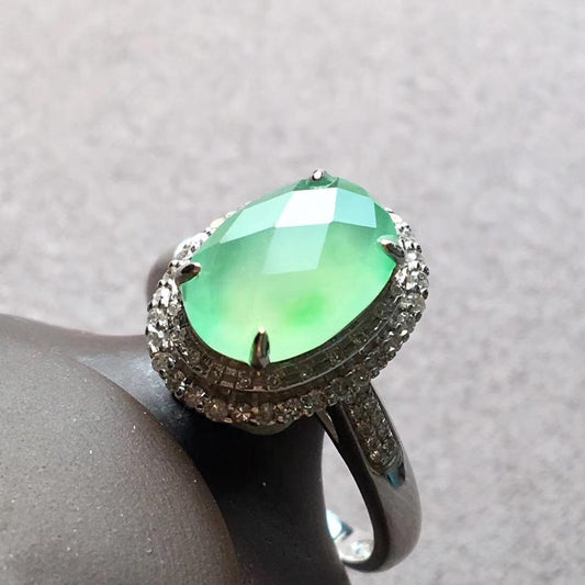 NEW Myanmar Grade A Icy Sweet Green Jade Jadeite Carved Cut Ring 18K White Gold RARE