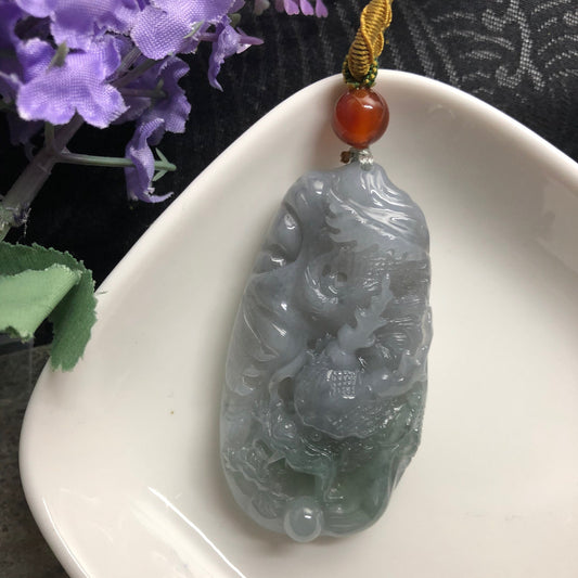 NEW Grade A  Icy Wuji Green Jadeite Jade Carved Dragon Pendant with Neck Rope Tie RARE Only One
