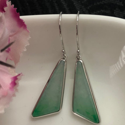 NEW Grade A  Green Jadeite Jade Dangle triangular shaped earrings set on 18K White Gold