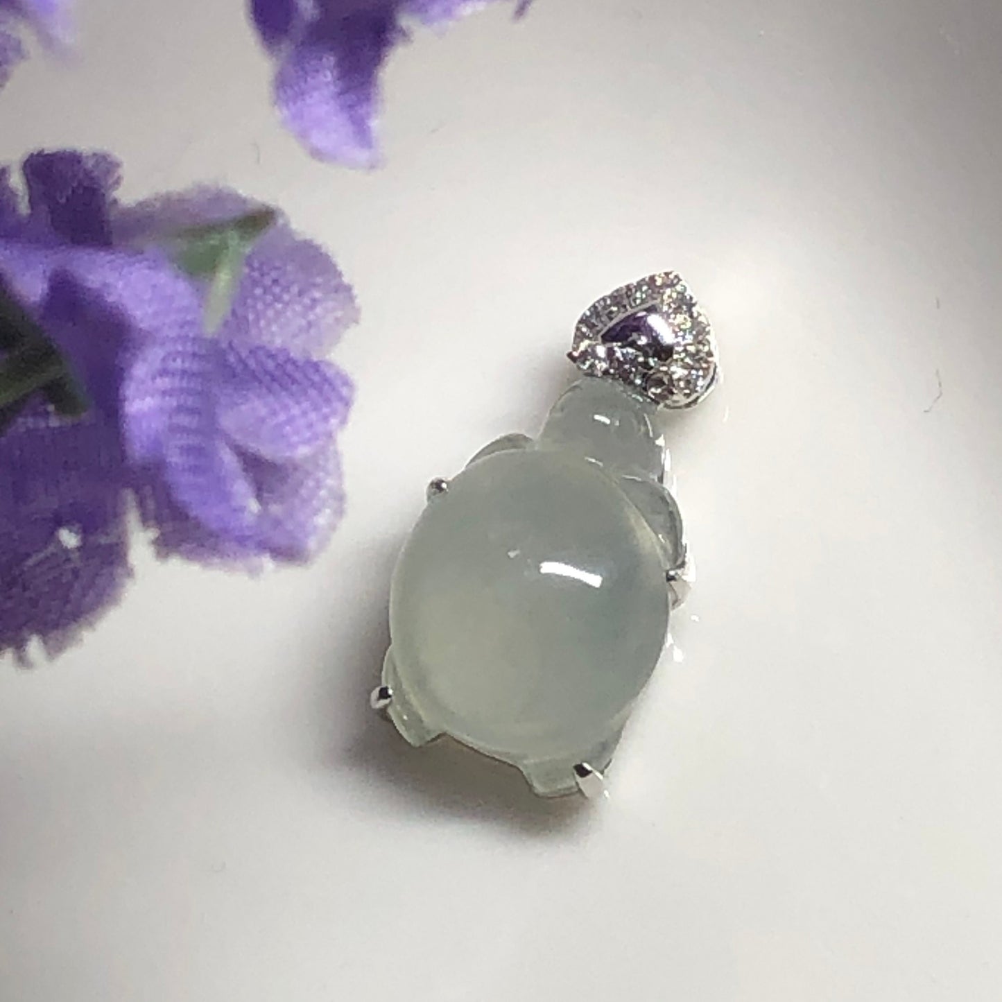 NEW Grade A  Icy Jadeite Jade Carved Turtle of Love Pendant set on 18K White Gold
