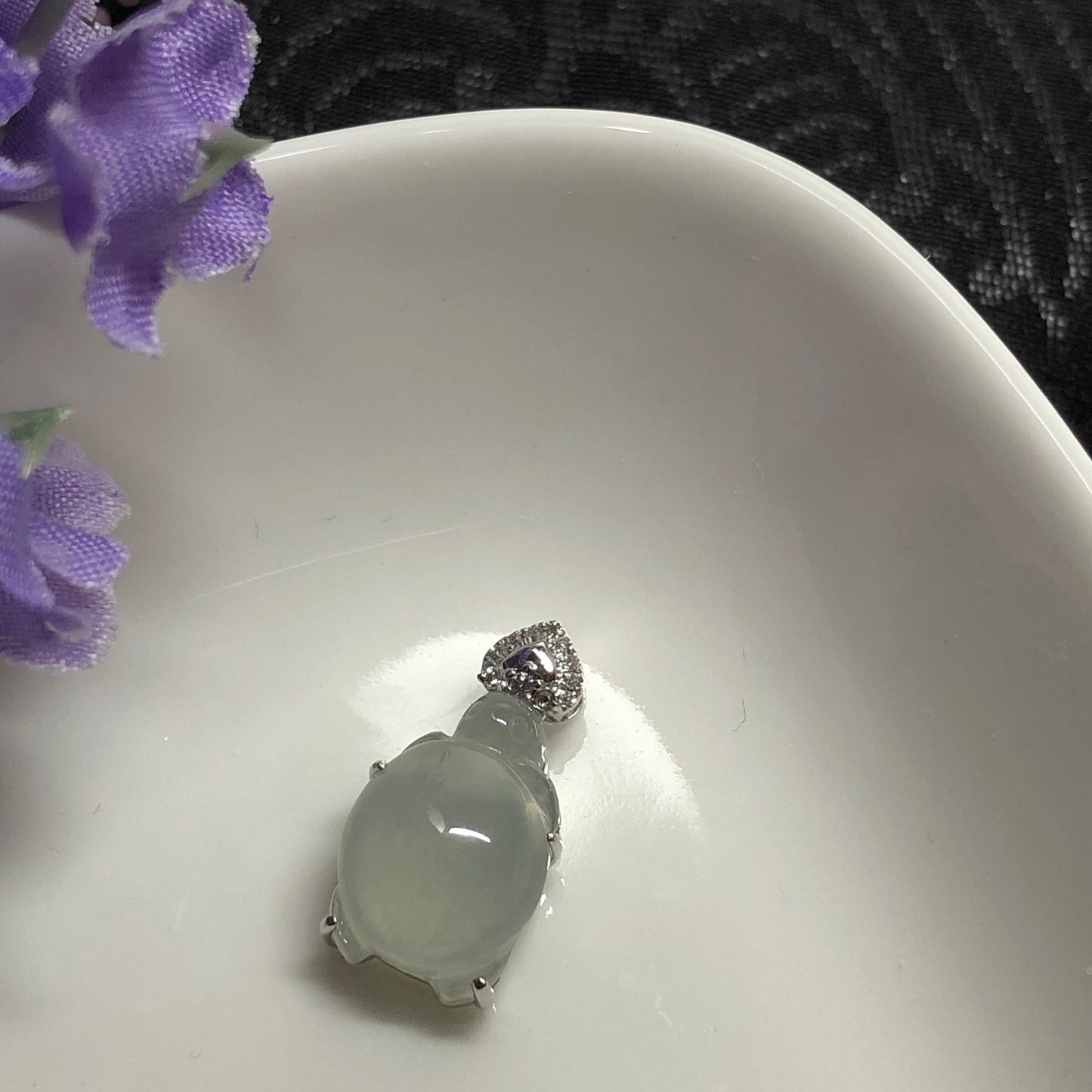 NEW Grade A  Icy Jadeite Jade Carved Turtle of Love Pendant set on 18K White Gold