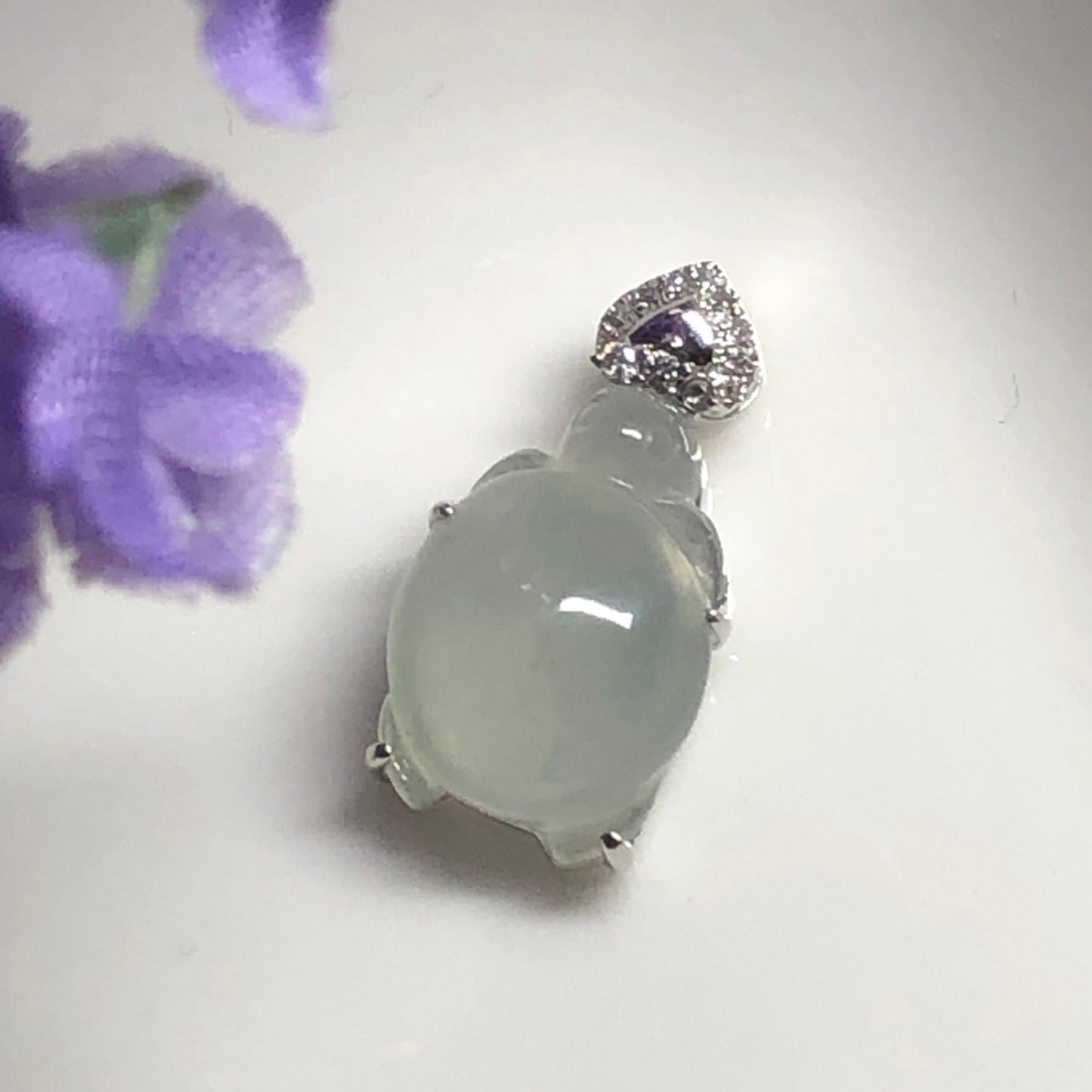 NEW Grade A  Icy Jadeite Jade Carved Turtle of Love Pendant set on 18K White Gold