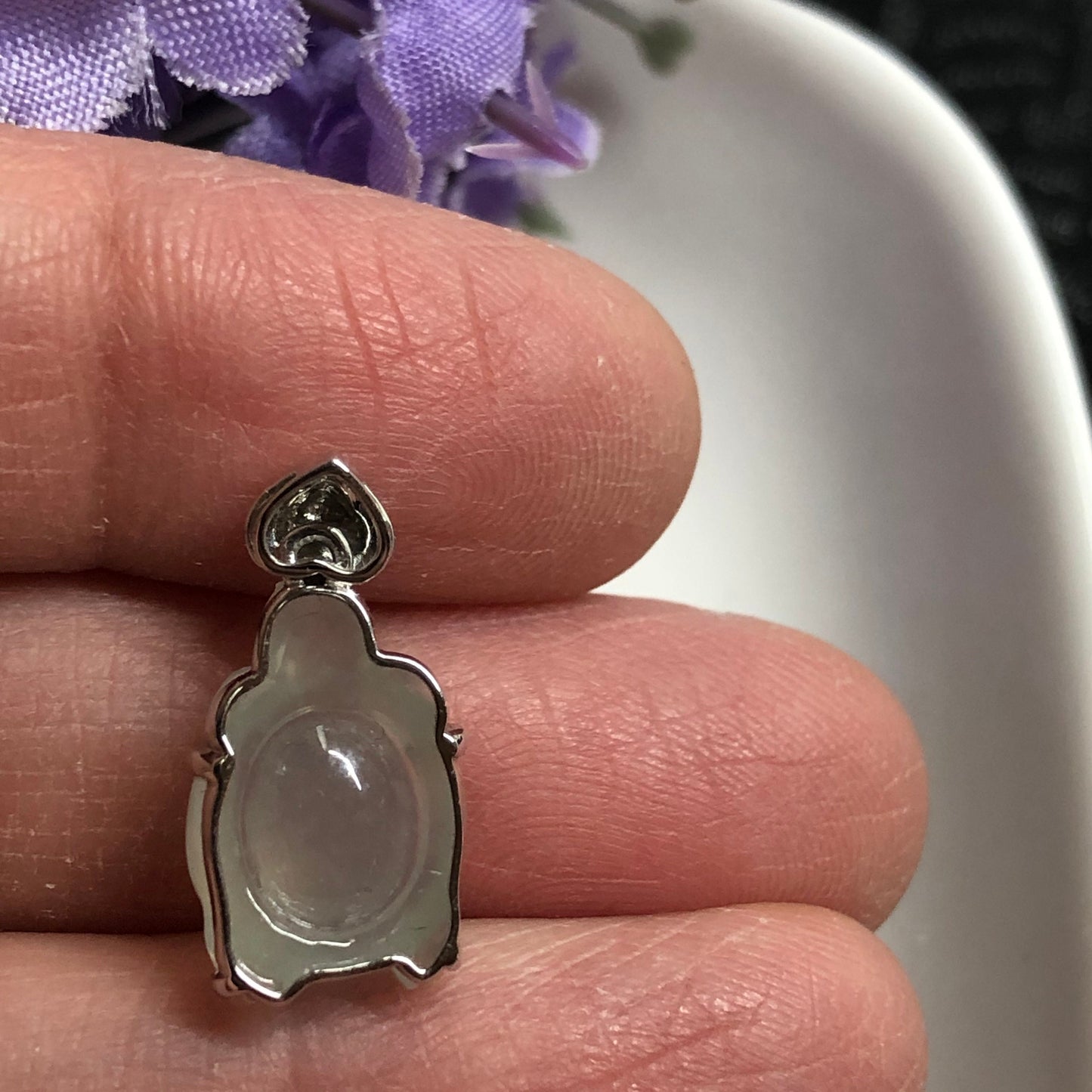 NEW Grade A  Icy Jadeite Jade Carved Turtle of Love Pendant set on 18K White Gold