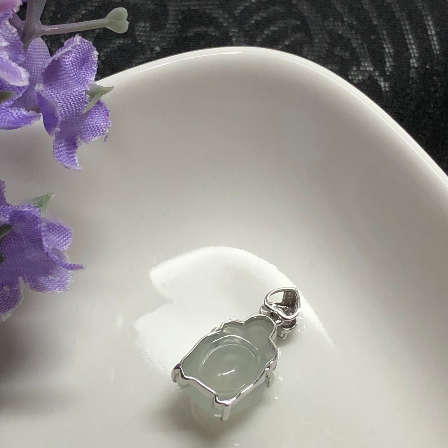 NEW Grade A  Icy Jadeite Jade Carved Turtle of Love Pendant set on 18K White Gold