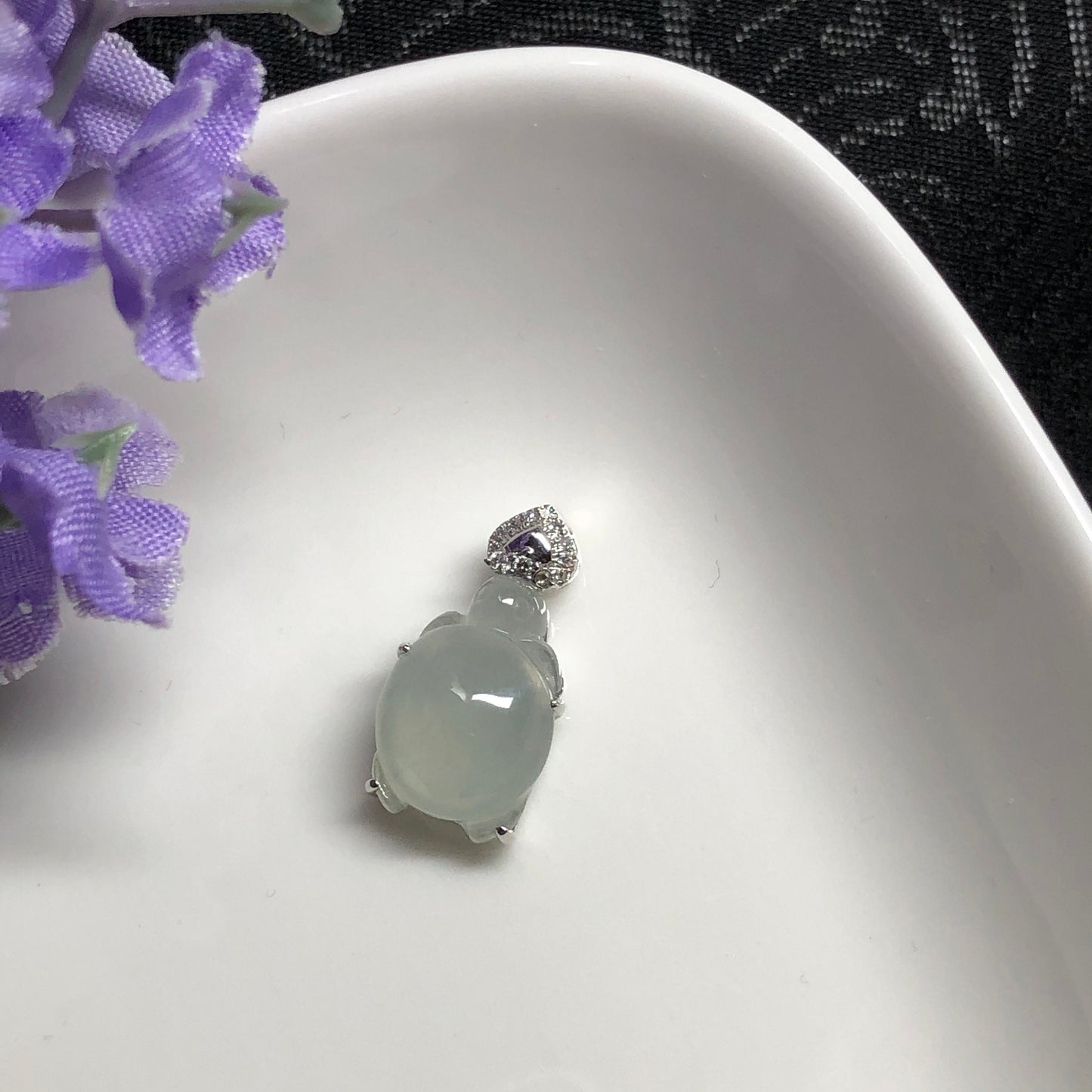 NEW Grade A  Icy Jadeite Jade Carved Turtle of Love Pendant set on 18K White Gold