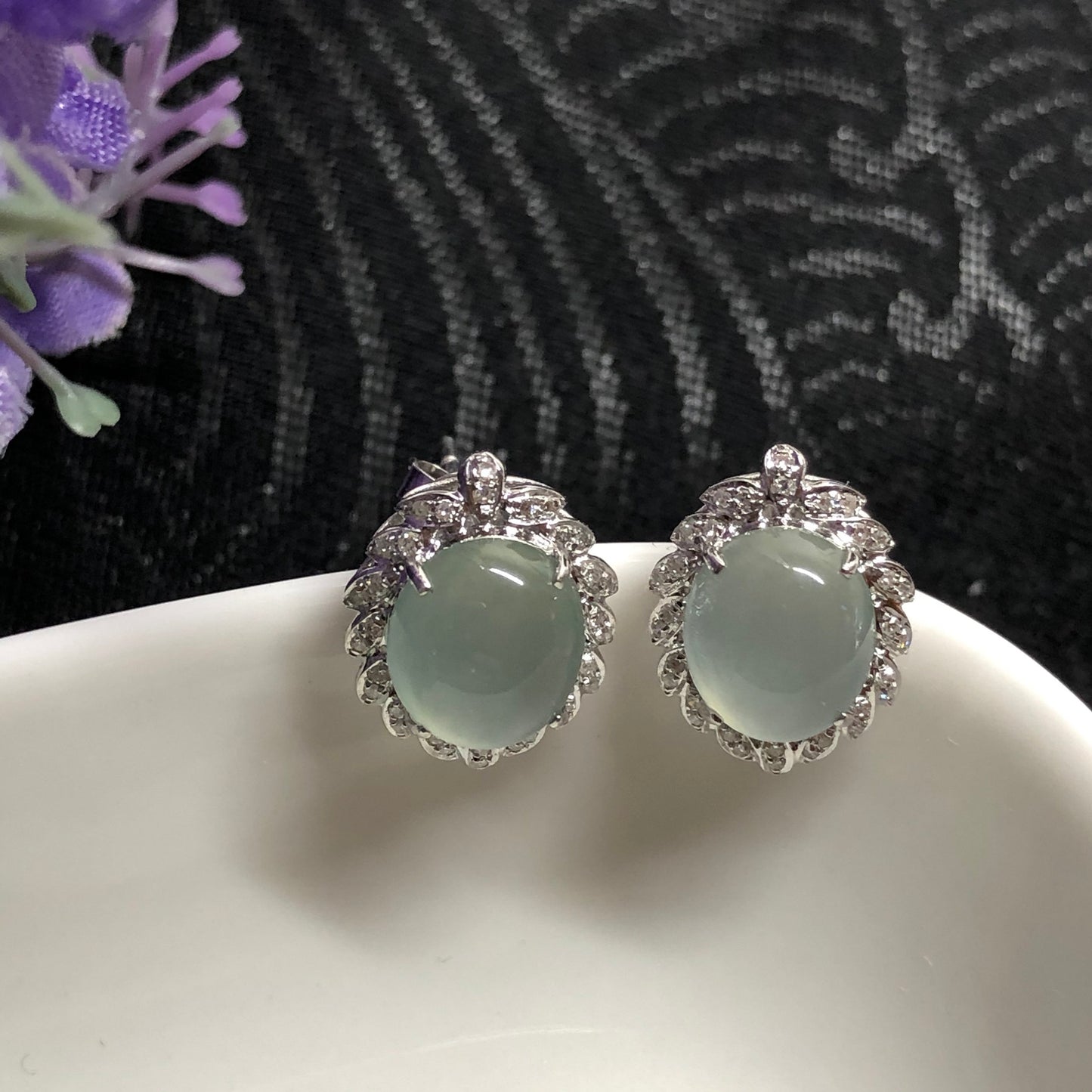 NEW Grade A  High Icy Blue Jadeite Jade Cabochon shaped earrings set on 18K white Gold Leaf
