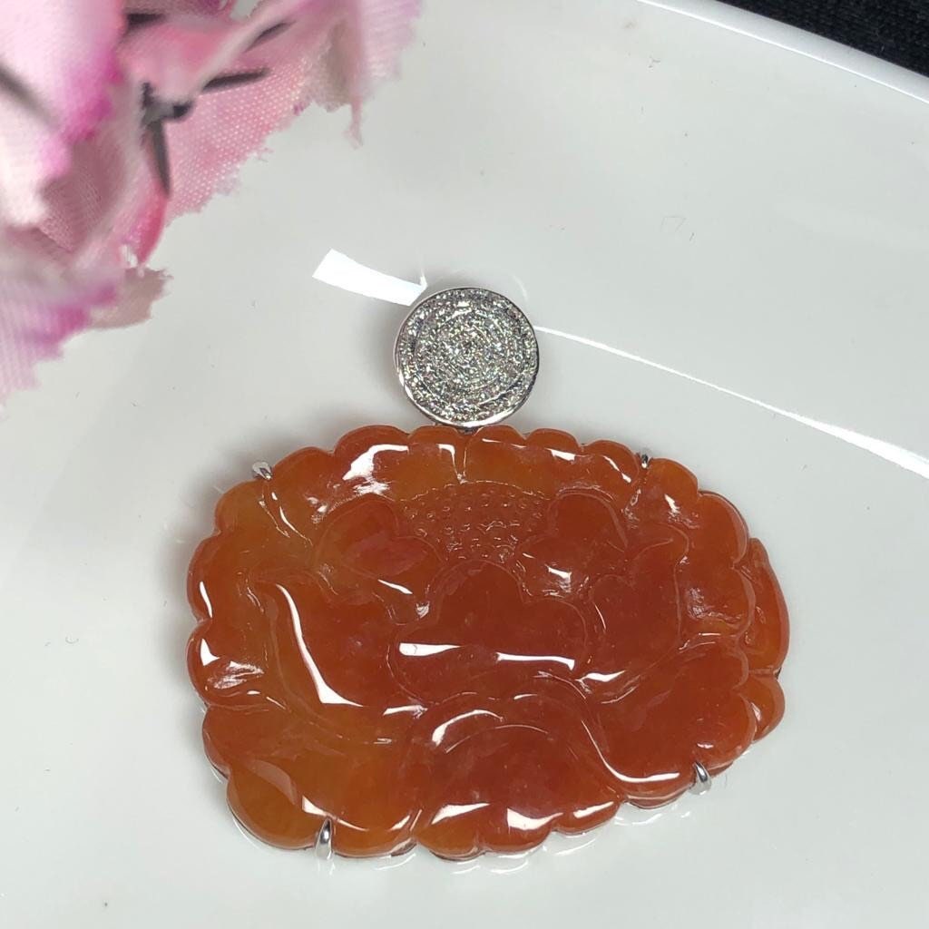 SALE: Grade A Myanmar Red Yellow Brown Lotus Flower Jadeite Jade Pendant