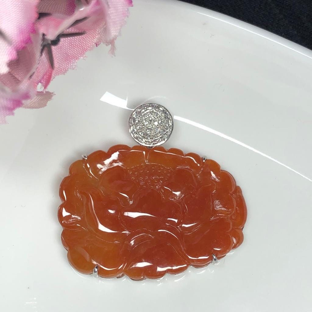 SALE: Grade A Myanmar Red Yellow Brown Lotus Flower Jadeite Jade Pendant