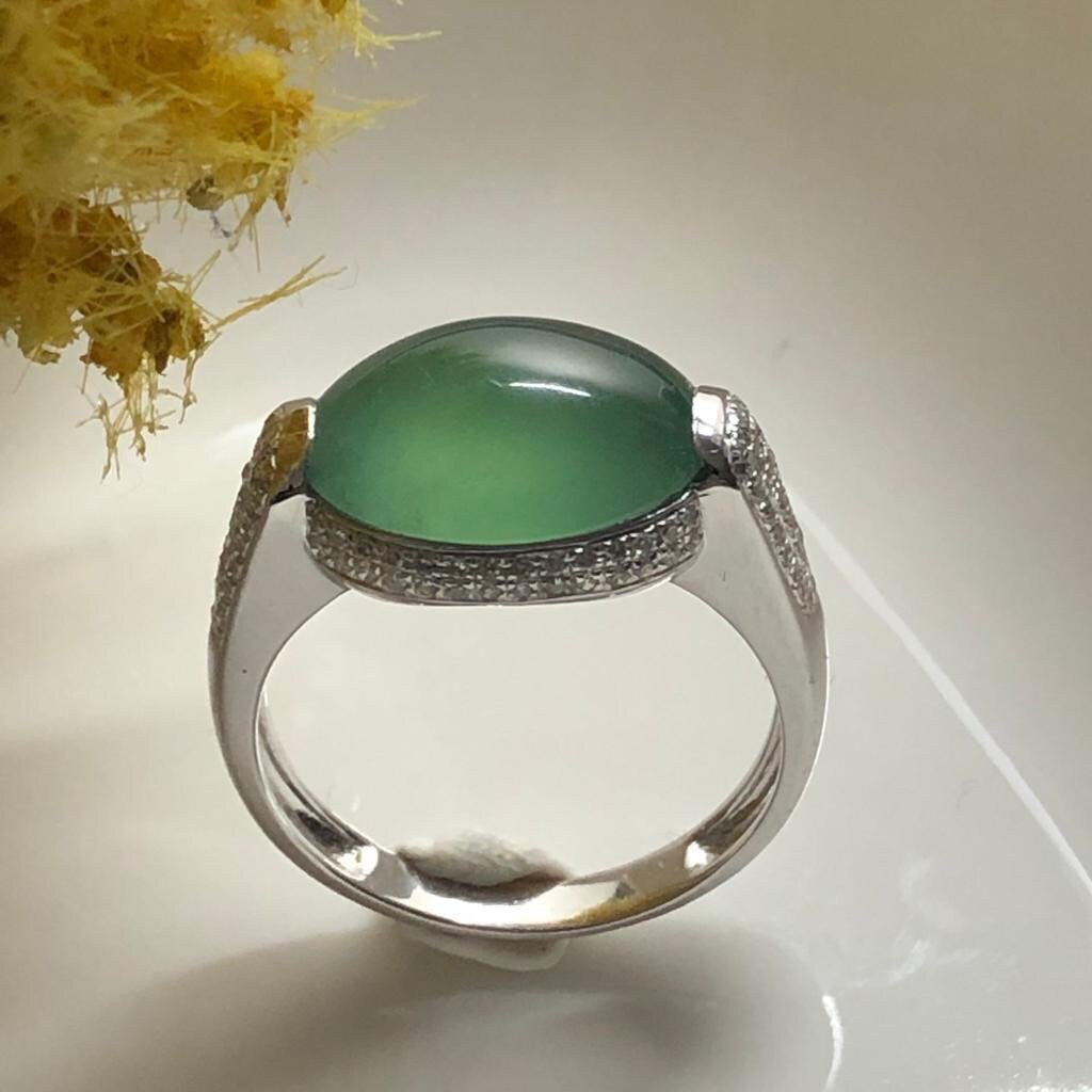 SALE: Grade A Icy Waterlake Green Jade Jadeite Oval Cabochon 18K White Gold Special Ring