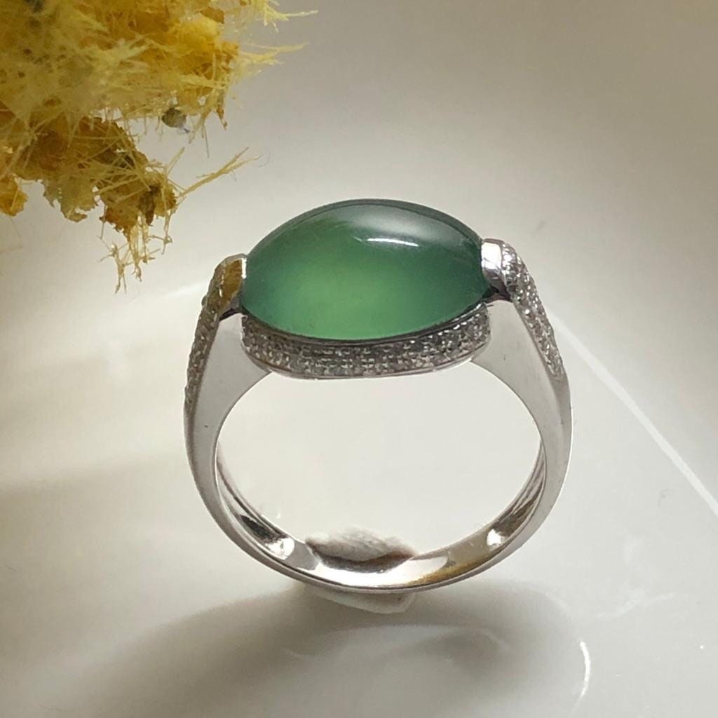 SALE: Grade A Icy Waterlake Green Jade Jadeite Oval Cabochon 18K White Gold Special Ring