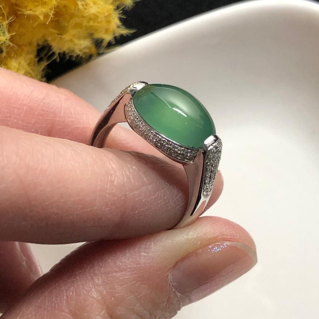 SALE: Grade A Icy Waterlake Green Jade Jadeite Oval Cabochon 18K White Gold Special Ring