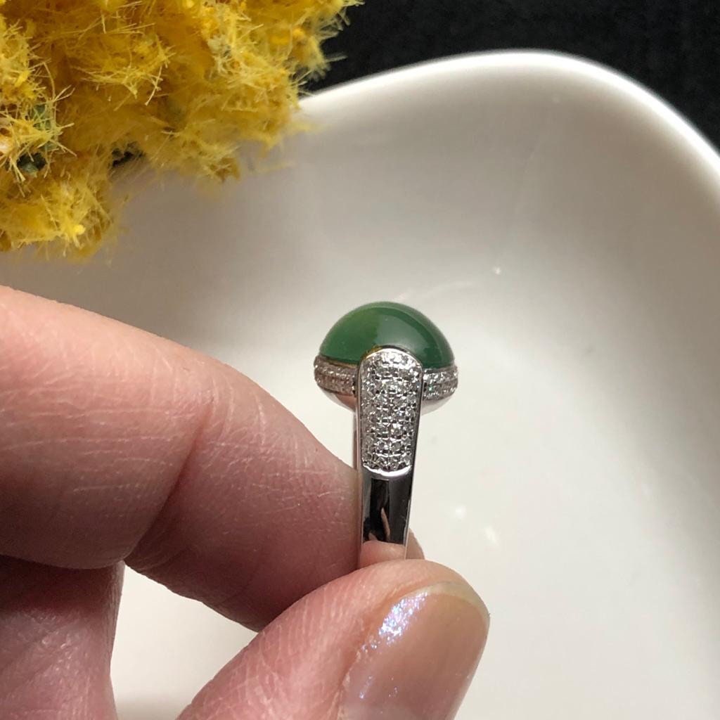 SALE: Grade A Icy Waterlake Green Jade Jadeite Oval Cabochon 18K White Gold Special Ring