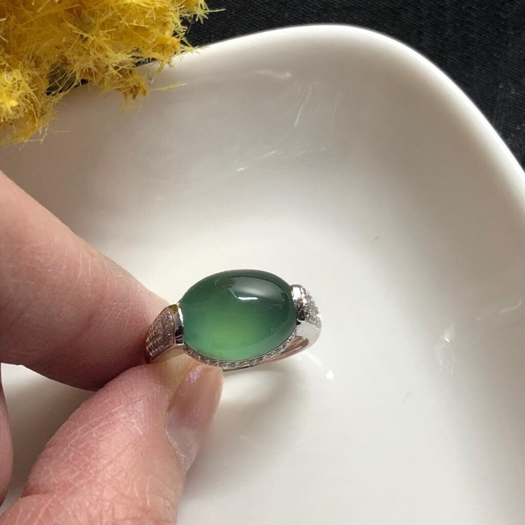 SALE: Grade A Icy Waterlake Green Jade Jadeite Oval Cabochon 18K White Gold Special Ring