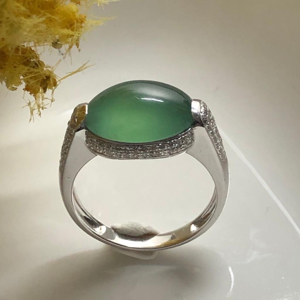 SALE: Grade A Icy Waterlake Green Jade Jadeite Oval Cabochon 18K White Gold Special Ring