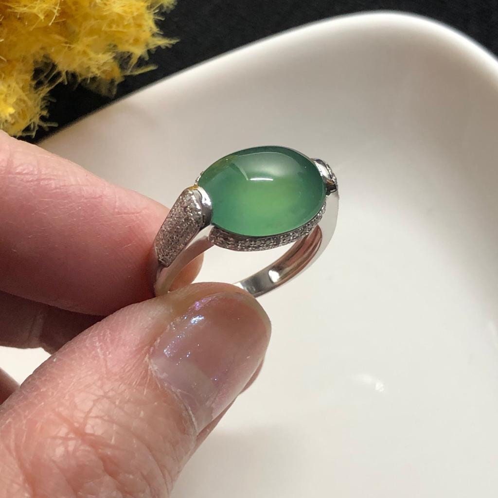 SALE: Grade A Icy Waterlake Green Jade Jadeite Oval Cabochon 18K White Gold Special Ring