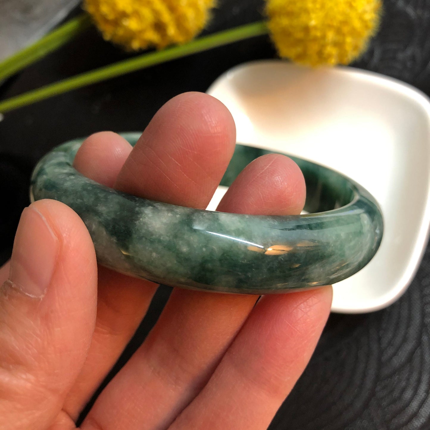 NEW Grade A Myanmar Icy Green Moss Round D-Shaped Jadeite Jade Bangle 58mm