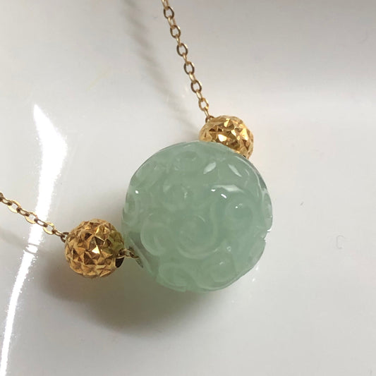 Myanmar Grade A Jadeite Jade Icy Green carved sphere ball.  Pendant 18K White Gold Buckle.