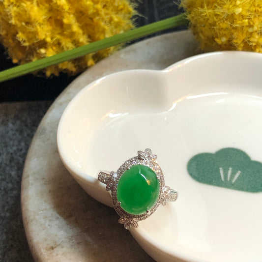 Certified Grade A Jadeite Jade Icy Yang Green Cabochon Cross Ring 18K White Gold Diamonds