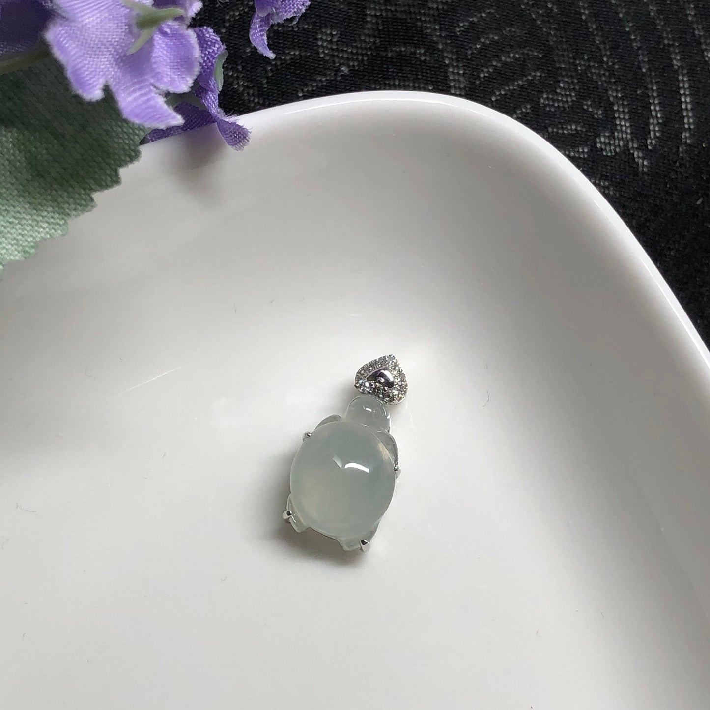 NEW Grade A  Icy Jadeite Jade Carved Turtle of Love Pendant set on 18K White Gold