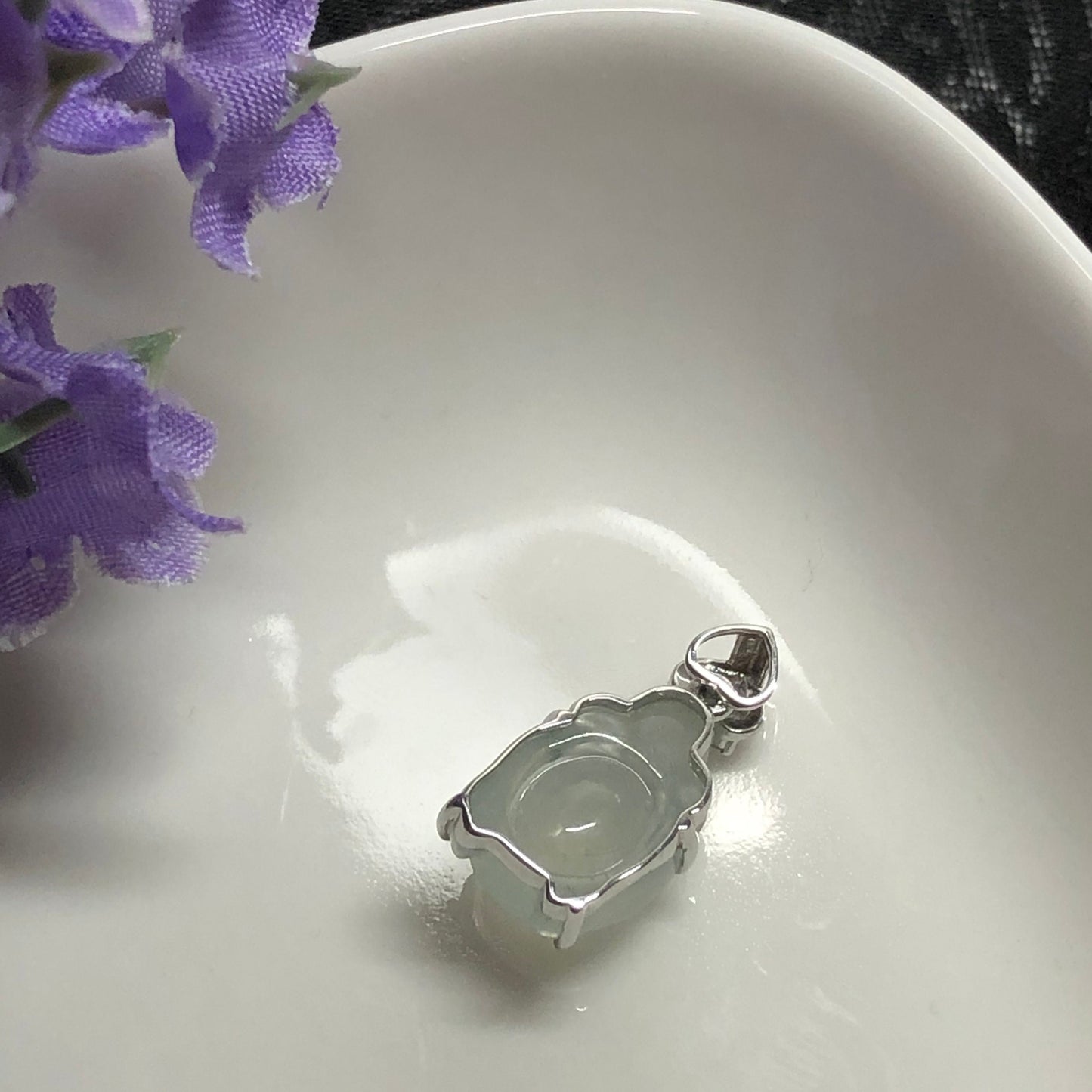 NEW Grade A  Icy Jadeite Jade Carved Turtle of Love Pendant set on 18K White Gold