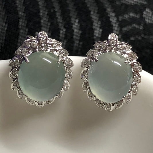 NEW Grade A  High Icy Blue Jadeite Jade Cabochon shaped earrings set on 18K white Gold Leaf