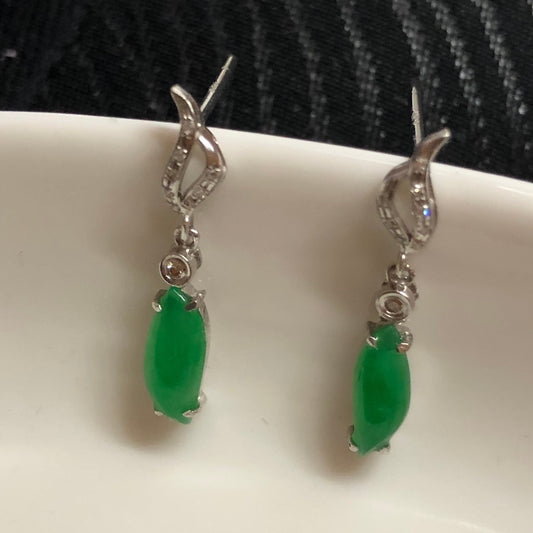 NEW Grade A  Yang Green Jadeite Jade Water Wave shaped earrings set on 18K white Gold