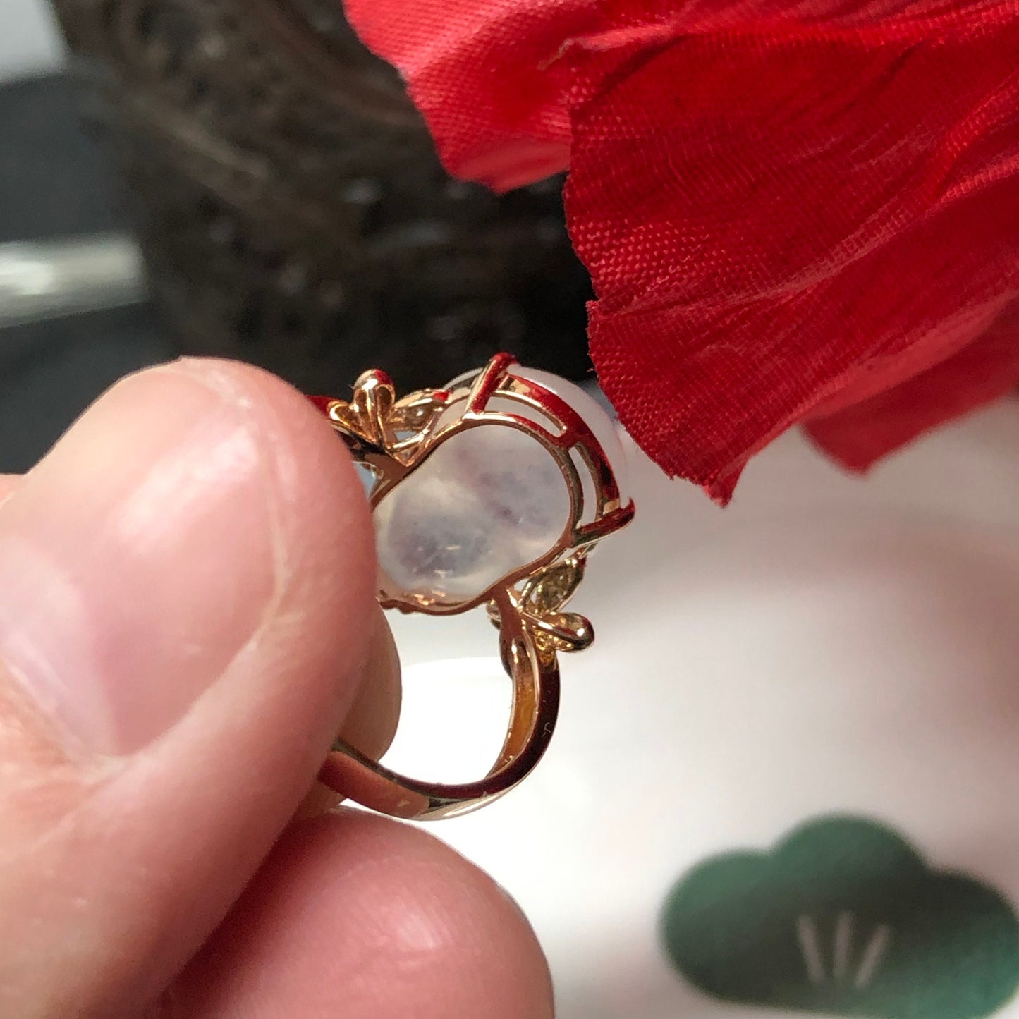 Certified Grade A Jadeite Jade Icy Gourd Ring set in 18K Yellow Gold