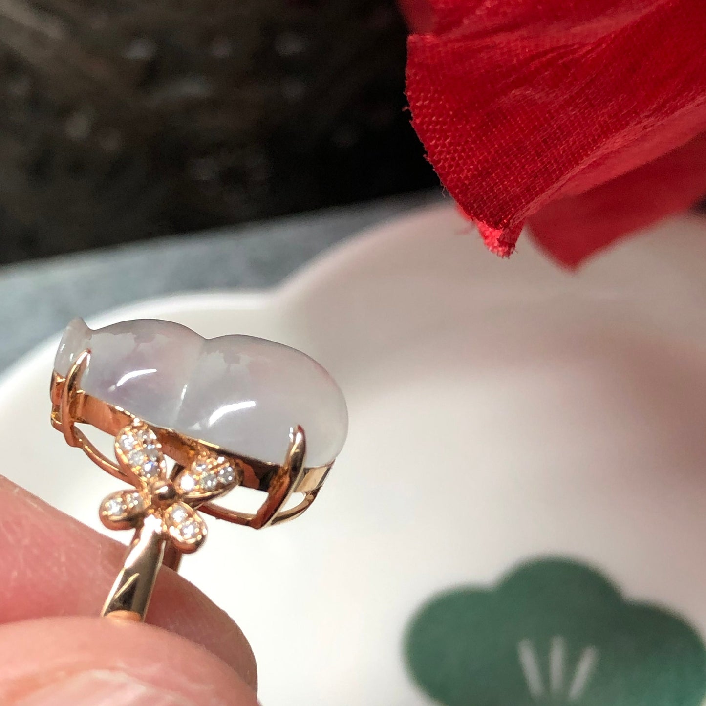 Certified Grade A Jadeite Jade Icy Gourd Ring set in 18K Yellow Gold