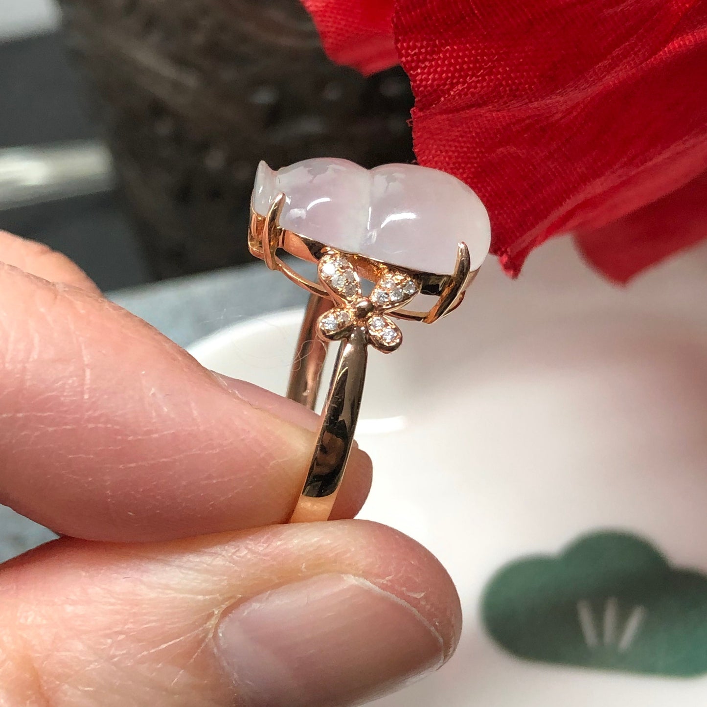 Certified Grade A Jadeite Jade Icy Gourd Ring set in 18K Yellow Gold