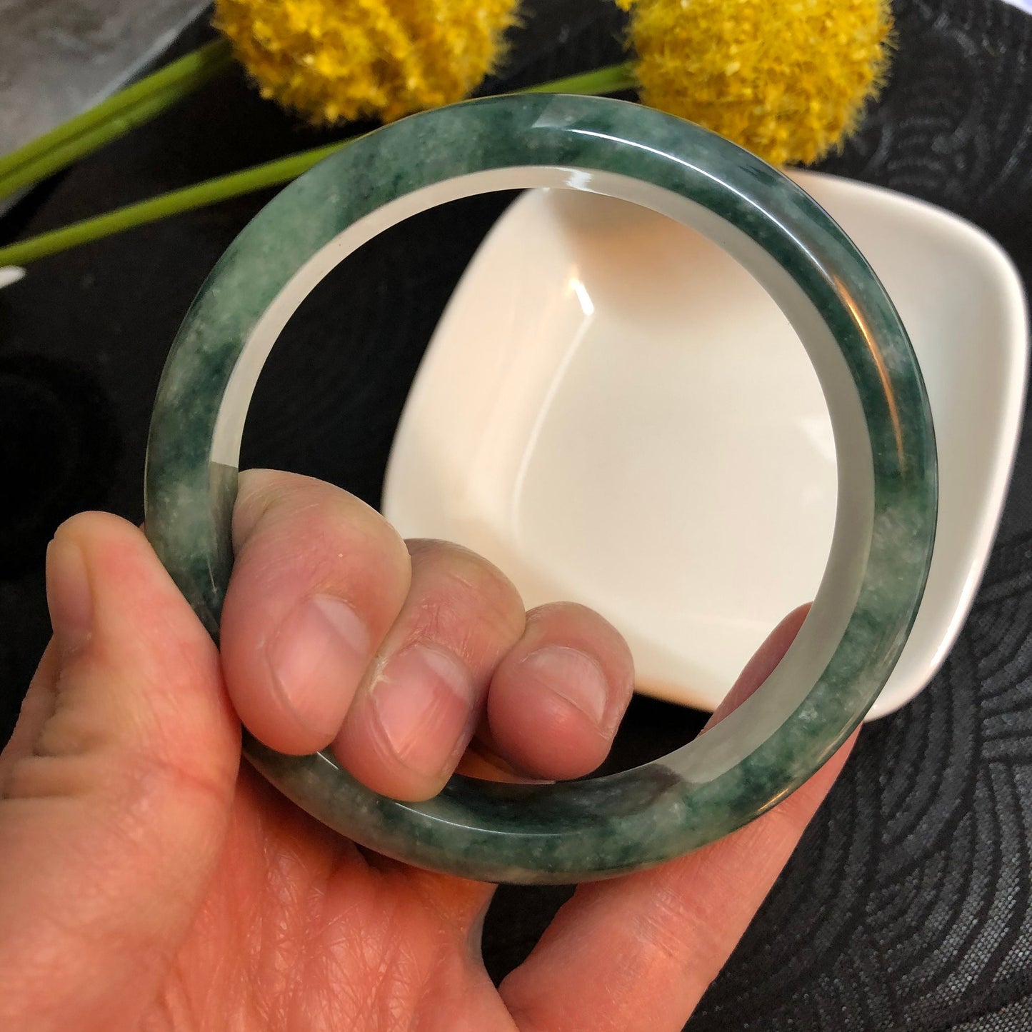 NEW Grade A Myanmar Icy Green Moss Round D-Shaped Jadeite Jade Bangle 58mm
