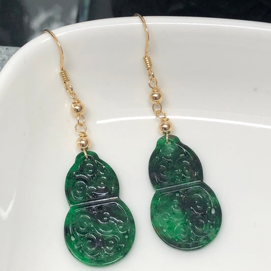 Grade A  Carved Ruyi Jadeite Jade Spicy Green Cabochon Earring 14K Gold